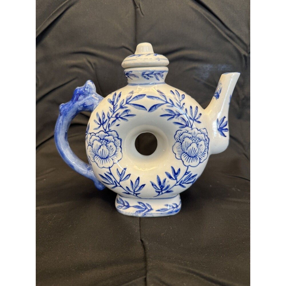 Vintage Chinese Chinoiserie Blue And White Porcelain Teapot Donut Shape